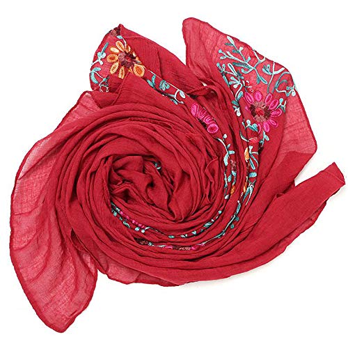 LuluVin Women's Scarf Cotton Embroidered Lightweight Shawl Wrap (Red)