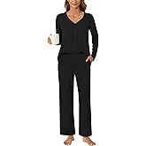 Bestbee Women's Pajama Set, 2 Piece Lounge Outfits V Neck Sleepwear Fall Long Sleeve Long Pants With Pockets Ladies Pjs