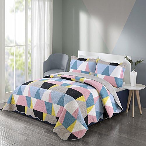 vivinna Cotton Quilt King Size Sets -3pcs include 2 pillow Shams patchwork Bedspread blanket (Geometry, King:106"X96")