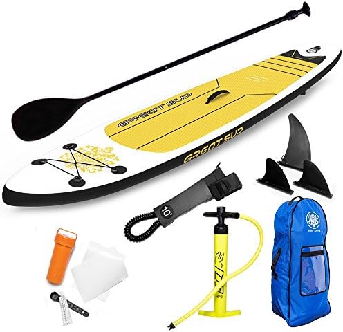 GREAT SUP Inflatable 11' Explorer Stand Up Paddle Board (4" Thick) with Adjustable Paddle/Travel backpack/Air Pump/Fins/Leash| Support up to 220 Lbs.| All-Around Use/Surfing/Recreation