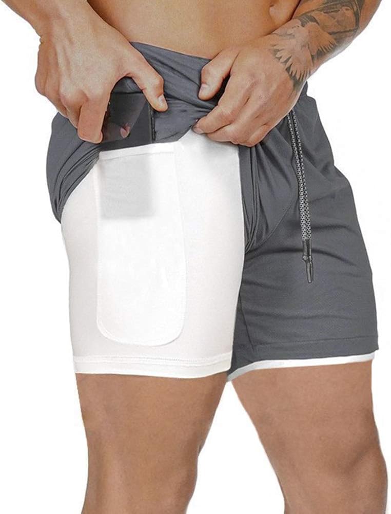 Akk Men's 2 in 1 Running Shorts Workout Training Yoga Gym Sport Short Pants with Zipper Phone Pockets: Clothing