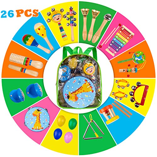 Kids Percussion Musical Instruments Toys - 26 Pcs 17 Types Wooden Instruments with Storage Bag Tambourine Xylophone Egg Maracas for Preschool Education Early Music - Thumbnail 7