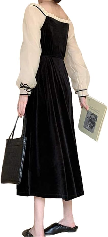 モリミ レディースワンピース ベロア ドレス ロングワンピース レース付き 春秋冬用 可愛い きれいめ オシャレ ランタンスリーブ フリルスカート ビジネス 通学 通勤 パーディー ワンピース チュニック 通販 Amazon