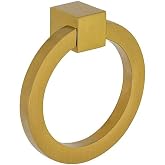 Prima Decorative 3" Round Cabinet Ring Pull- Solid Brass - Brushed Brass | Handcrafted Sand Cast Brass Drop Pull |Square Backplate | Cabinet Knob for Kitchen Cabinets, Drawers, Dressers &amp; Furniture