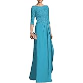 Mother of The Bride Dress 3/4 Sleeve Chiffon Laces Appliques Ruched Formal Evening Gowns