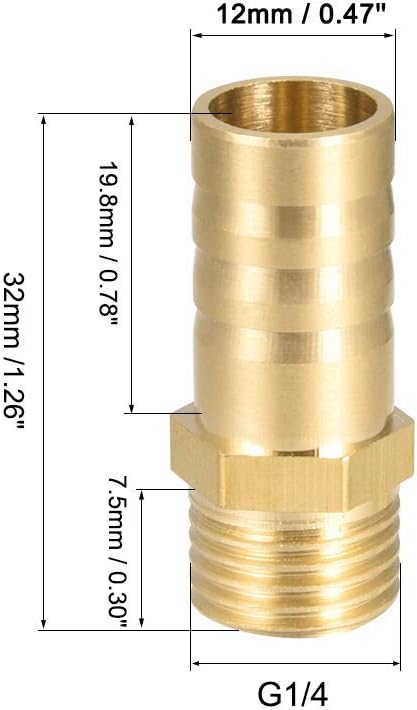sourcing map Brass Hose Barb Fitting,Connector,12mm Barb x G1/4 Male Pipe Adapter,5Pcs, Gold, 12mm x G1/4 - Image 3
