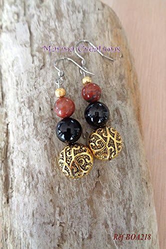 Stainless steel earring hooks, genuine onyx 10mm and red jasper 8mm, arabesque gold tone coin
