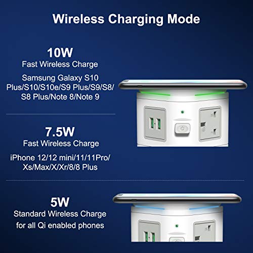 bedee Tower Extension Lead, Surge Protector Extension Lead with 4 USB Slots and 6 Outlet Plugs, Power Strip Tower with 10W Fast Wireless Charger, 6ft Extension Cable