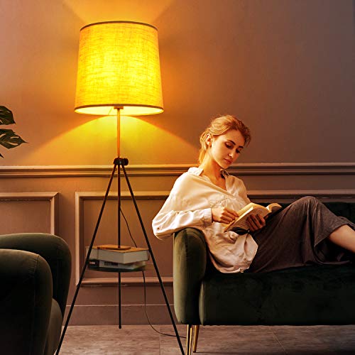 LUSTORM 1 Tripod Floor Lamp Black with Shelves Beige Linen Lampshade