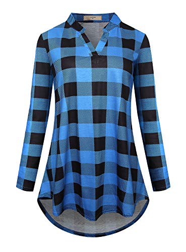 Luranee Fall Clothes for Women, Misses Tunic Tops for Leggings Half Sleeve Split V Neck Morden Slim Fit A Line Plaid Shirts Flattering Cute Ruched Blouse Soft Surrounding Warm Clothing Blue Medium