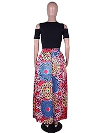 Aro Lora mujer 2 piezas Floral estampado africano frío hombro parte superior + una línea Falda Largo Maxi Vestido Con Bolsillos