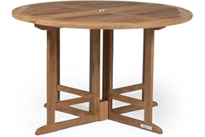 TITAN GREAT OUTDOORS Ash & Ember Luna Grade A Teak 47" Round Dining Table, Drop Leaf Design, Indoor Outdoor Patio or Porch Dining, Weather Resistant Solid Wood with Umbrella Hole