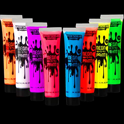 Spooktacular Creations 8 Tubes of 1 oz Black Light Face and Body Paints Non Toxic Facepaint in 8 Neon Colors for Halloween Costume Makeup Halloween Glow Party Supplies