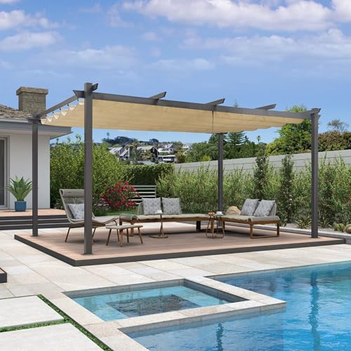 PURPLE LEAF 12' X 16' Outdoor Retractable Pergola with Sun Shade Canopy Patio Metal Shelter for Garden Porch Beach Pavilion Grill Gazebo Modern Yard Grape Trellis Pergola, Beige