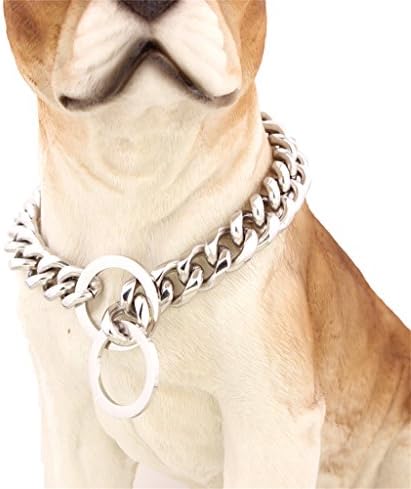 Slip Chain Curb Cuban Link Silver Tone 316L Stainless Steel Dog Choke Chain Collar Pet Necklace Leash 24" (15mm Wide) For Large Dogs