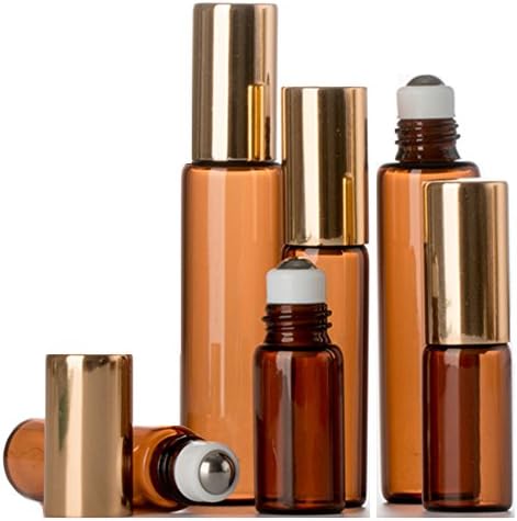 6PCS 5ml Upscale Empty Refillable Brown Glass Roll on Bottles Essential Oil Perfume Roller Bottles with Gold Cap Attar Bottle (5ML)