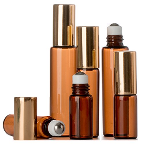 6PCS 5ml Upscale Empty Refillable Brown Glass Roll on Bottles Essential Oil Perfume Roller Bottles with Gold Cap Attar Bottle (5ML)