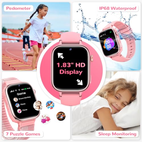RUXINGX Reloj Inteligente Niño, Smartwatch Niños con GPS y Videollamadas, Teléfono, Chat de Voz, SOS, Modo Escuela, Cámara, Podómetro, Monitor de Sueño, IP68 Impermeable Regalo Niñas y Niños, Rosa