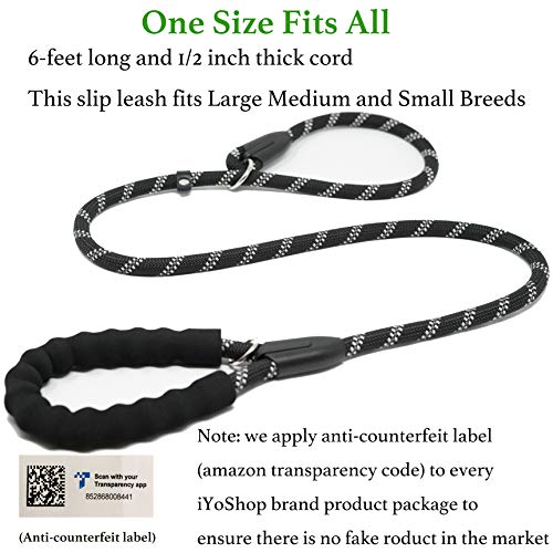 iYoShop 6FT Extremely Durable Slip Dog Rope Training Leash with Comfortable Padded Handle and Highly Reflective Threads Quality Slip Lead for Small Medium and Large Dogs (Black)