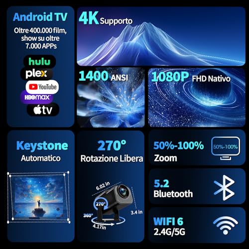 [Integrated App & 2026 Upgraded] 1080P 4K Projector with WiFi 6 Bluetooth 5.2 Mini Portable Projector Supports 270° Rotatable Car Keystone Projector TV Stick/USB/HDMI/PC with HDMI Cable & Mouse,Black