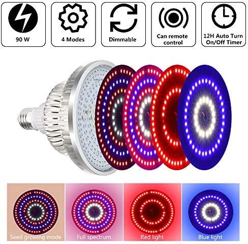 LED Grow Light Bulb Full Spectrum, 4 Mode Plant Light Bulb with Auto Turn On Function, Free Dimming, Spectrum Switching, 90W Indoor Plant Grow Lamp, E26/E27 Base Plant Lights for Greenhouse