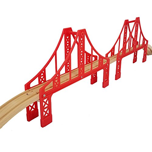 FLASH SALE | Double Suspension Bridge - Deluxe Wooden Toy Accessories For Kids Toddler Boys Girls - Compatible with Thomas Trains Railway, Brio Tracks, and Major Brands. 2x Red Bridges
