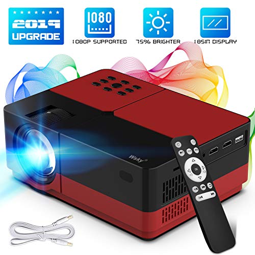 Wsky Portable Home Theater Video Projector - Newest 2019 3000Lux HD Video Projector - Support 1080P 1920x1080 Resolution - Perfect for Watching Movies Home Entertainment or Gift Giving (Red)