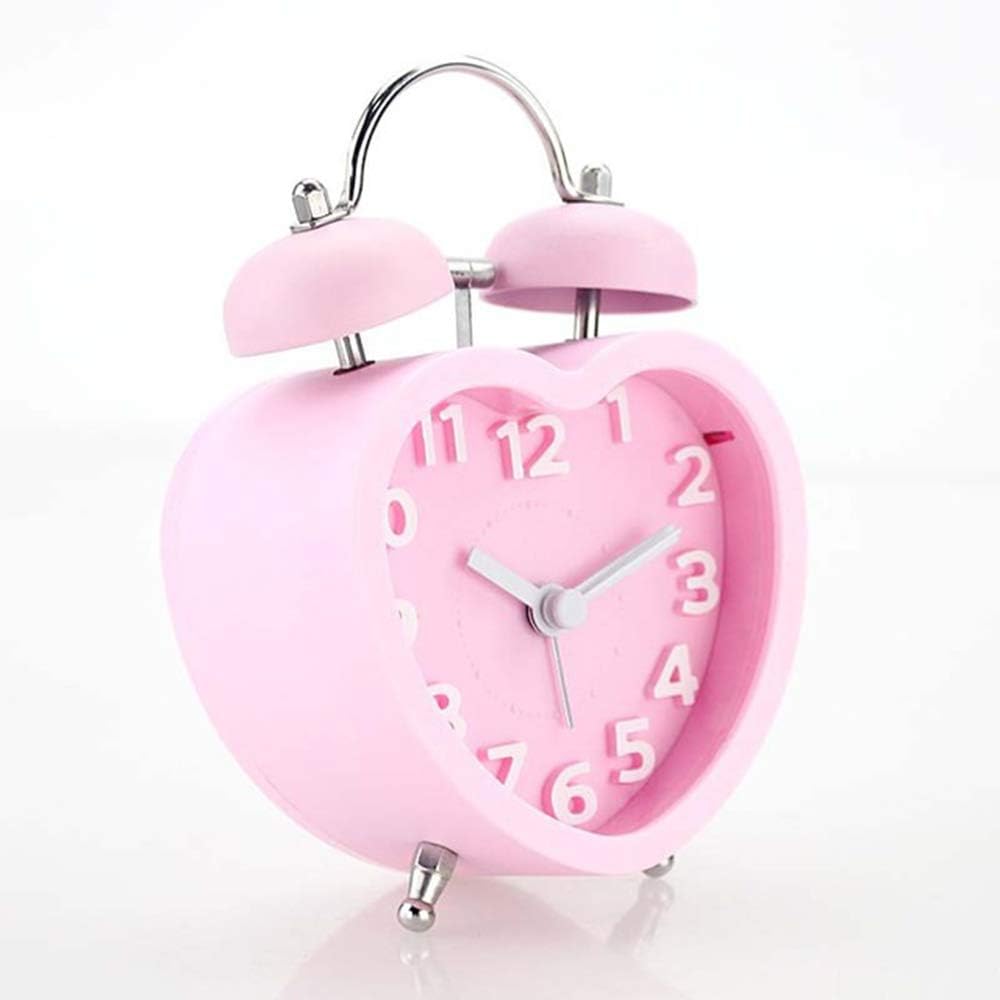 FAY Twin Bell Alarm Clock,Heart-Shaped Children's Double Bell Alarm Clock Stainless Steel Mini Silent Clock Stereo Table Clock,Pink
