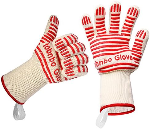 Tobnbo OG-08 932°F Extreme Heat Resistant Oven Gloves/ BBQ Gloves/ Hot Surface Handler for Cooking/ Grilling/ Baking ( Set of 2, Grey, One Size Fits Most ) (Red-White)