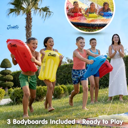 JAMBO Premium Triple Water Slide and 3 Bodyboards, 16Ft Heavy Duty Slip Splash and Slides-Advanced 3-Way Sprinkler System, Splash Pad Mat Backyard Summer Outdoor Water Toys n Long Slides for Kids