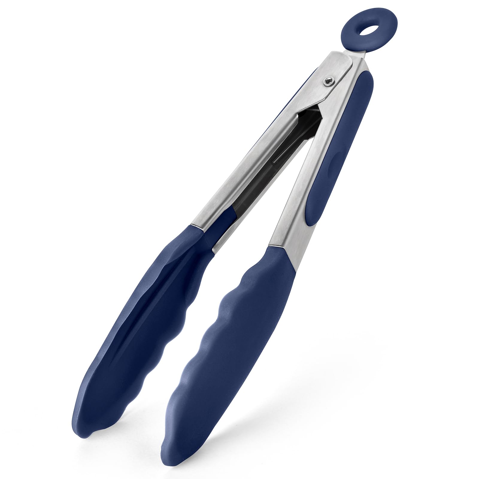 315℃ Heat Resistant Kitchen Tongs: U-Taste 18cm Silicone Cooking Tong with Firm Sealed Non Stick Silicone Tips & Silicone Coated 18/8 Stainless Steel Handle & Smooth Locking (Midnight Blue)