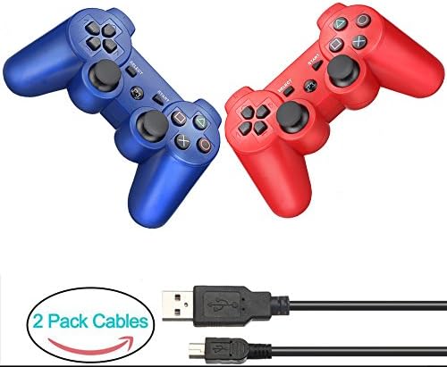 YOUCable PS3 Controller with 2 Packs Charger Cable Wireless Playstation 3 Remote Dualshock Bluetooth Gamepad (Blue+Red)