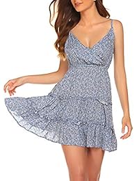 POGTMM - Vestido corto de verano con volantes y cuello en V, estampado floral, para mujer