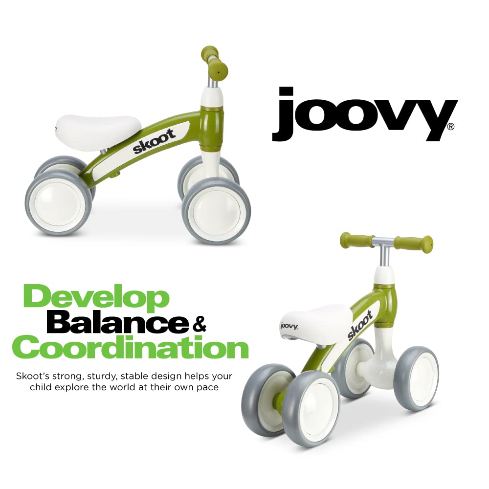Joovy Skoot Balance Bike for Children 10m and Up to 45lbs Featuring Padded Seat for Comfort, 6” Scratch-Resistant Wheels, Height-Adjustable Handlebars, and 135 Degree Steering Limit (Greenamole)