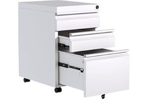 Reemoon Metal File Cabinet for Home Office, Under Desk Mobile File Storage Cabinet 3 Drawer, Small Rolling Filing Cabinet with Lock, White