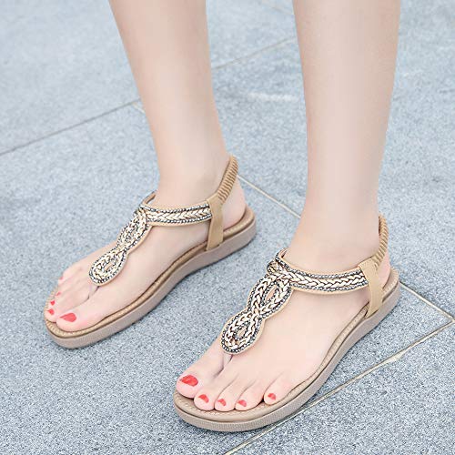 Meeshine Womens Summer Beach Flat Sandals Rhinestone Shiny Beads Slip On Flip Flops Thong Shoes(9 B(M) US,Beige 07)