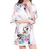 E.JAN1ST Women's Kimono Robe Peacock & Blossoms Design Knee Length Satin Robe