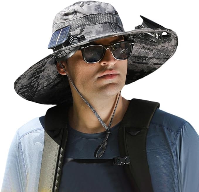 Solar Fan Sun Hat Wide Brim Hat Outdoor Wide Brim Sun Hat with 2 Solar Fan Fishing Hat, Hat UPF 50+, Removable & USB Charging