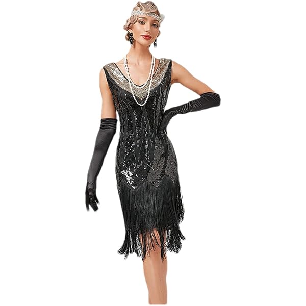 Amazon.com: Bridesmaid Wedding Guest Flapper Dress 1920S Great Gatsby Art  Deco Sequin Fringed Dresses for Women Black S : Clothing, Shoes & Jewelry
