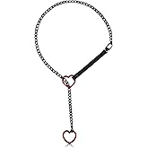 Qoncosy Heart Slip Chain Necklace, Black Leather Adjustable Slip Chain Choker with Red Charm, Non-Pinch Comfortable Choker Necklace for Women