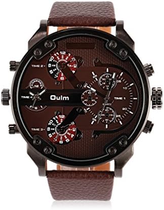Mens Best Military Watches Multi Time Zone Big Face Pilot Casual Design Quartz Analog Wristwatch with Scratch Resistant Steel Face, Comfortable Leather Band - Brown