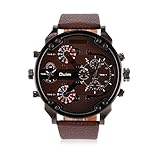 Mens Best Military Watches Multi Time Zone Big Face Pilot Casual Design Quartz Analog Wristwatch with Scratch Resistant Steel Face, Comfortable Leather Band