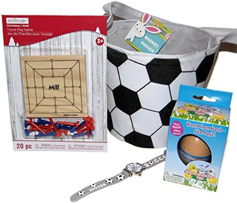 Soccer Easter Gift Basket with Soccer Watch, Soccer Pencil, Travel Peg Game, Hatch'em Egg