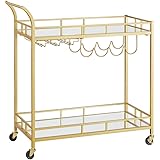 VASAGLE Bar Cart Gold, Home Bar Serving Cart, Wine Cart with 2 Mirrored Shelves, Wine Holders, Glass Holders, for Kitchen, Di