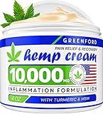 Pain Relief Hemp Cream 10,000mg | 4oz - Hemp Extract Cream for Inflammation & Sore Muscles - Natural Joint, Arthritis & Back Pain Support - Made in USA - Arnica, MSM, Turmeric - Best for Skin Health