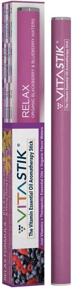 VitaStik Relax VitaAroma Diffuser with a Relaxing BlackBerry Blueberry Currant Waters with Lavender & Ylang Oils and Boosted with Vitamin B2, B6, C, and 40 Servings of B12