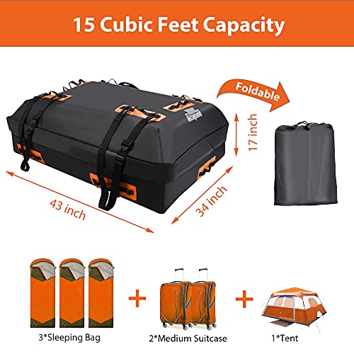 Rynapac Waterproof Car Roof Bag, 15 Cubic Feet Soft Shell Car Rooftop Cargo Bag, Car Luggage Carrier Roof Rack Bag with 6 Reinforced Adjustable Straps and Storage Bag for Cars with Racks(Black-Orange)