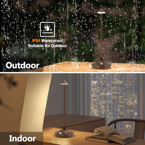 Hapfish Wireless Rechargeable LED Table Lamp, 6000 mAh Outdoor Touch Desk Light, Modern Design Metal Table Lamp, Waterproof, Dimmable, for Bedside, Interior, Patio, Restaurant (Brown)