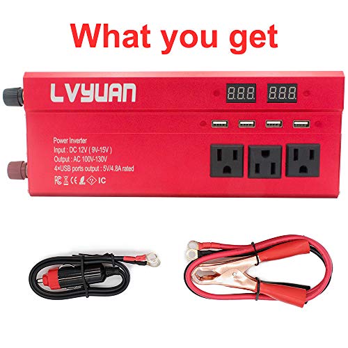 Cantonape 1000W/2000W(Surge) Car Power Inverter DC 12V to 110V AC with 4 Outlets, 4 USB Ports and Input/Output LED Display