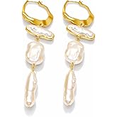 Gold Plated Irregular Pearl Drop Earrings, Statement Baroque Style Dangle Earrings for Women, Fashion Jewelry Gift